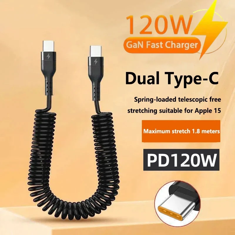 120W 5A USB Type C Cable Fast Charging Spring Telescopic PD60W Type C To USB C Phone Charge Cable For Huawei Xiaomi Redmi Honor