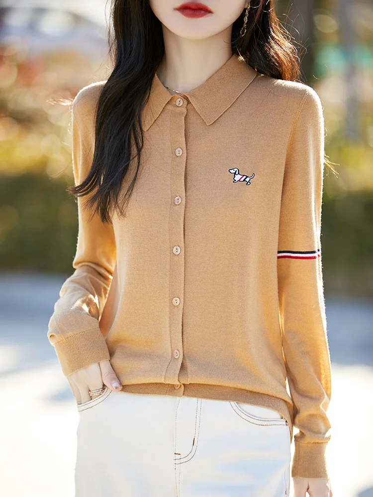 メリノウールニットカーディガン,100% メリノウールセーター,長袖衣類,刺embroideryトップス,ポロカラーのアウター,軽くて贅沢,春