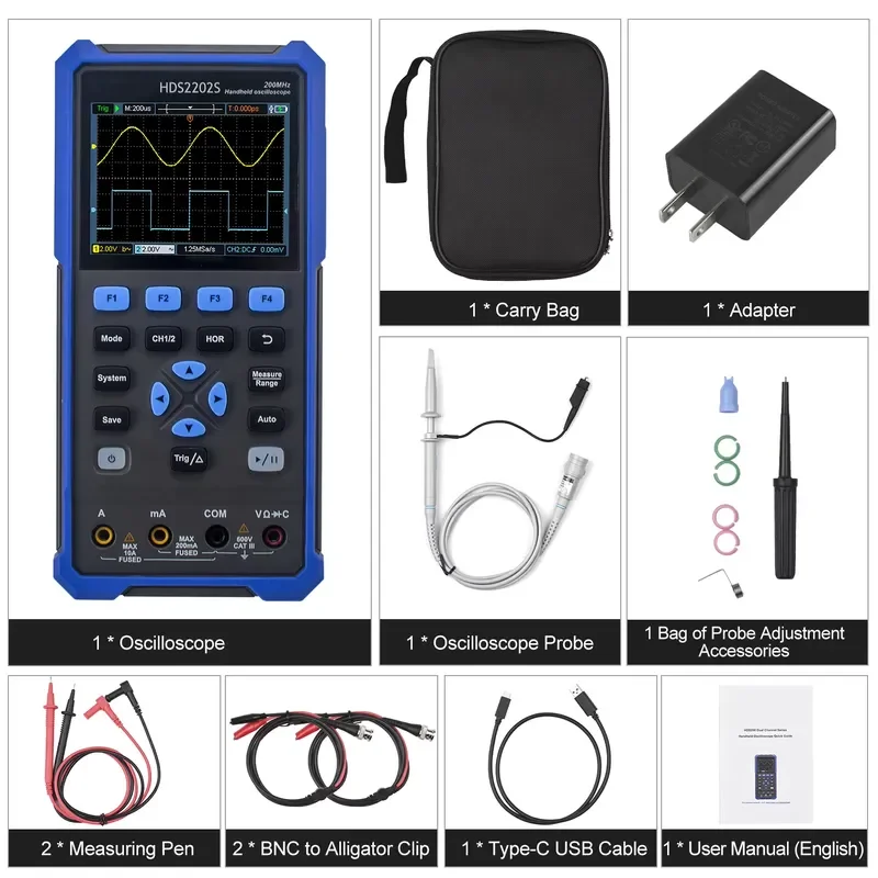 OWON HDS2202S 3-in-1 Handheld Digital Oscilloscope Multimeter Waveform Generator 200MHz 1GSa/s Dual Channel Oscilloscope True