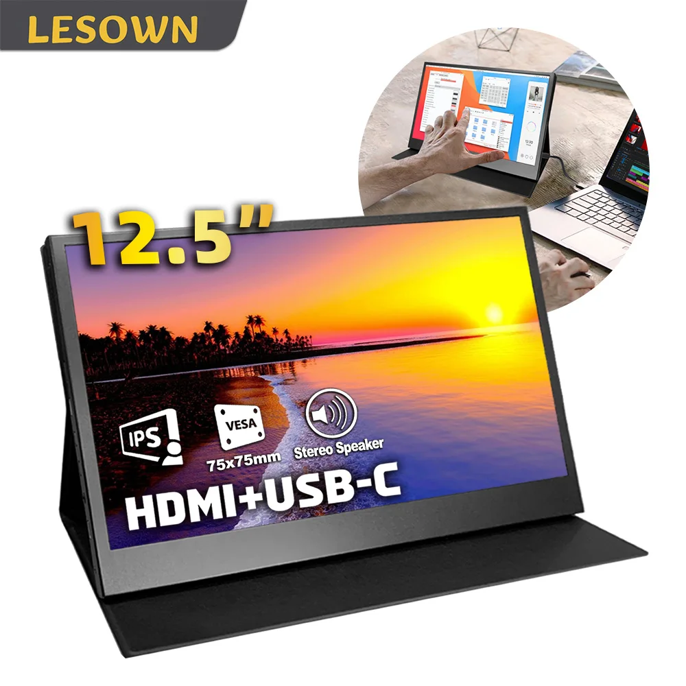 LESOWN 12.5 Inch Travel Monitor 1920x1080 IPS LCD Secondary Side Display Camera Video Field Monitor Driver-Free Setup for Laptop