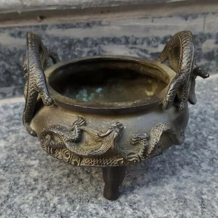 Vintage Bronze Incense Burner Statue Carved Dragon qianlong lucky Censer Pot