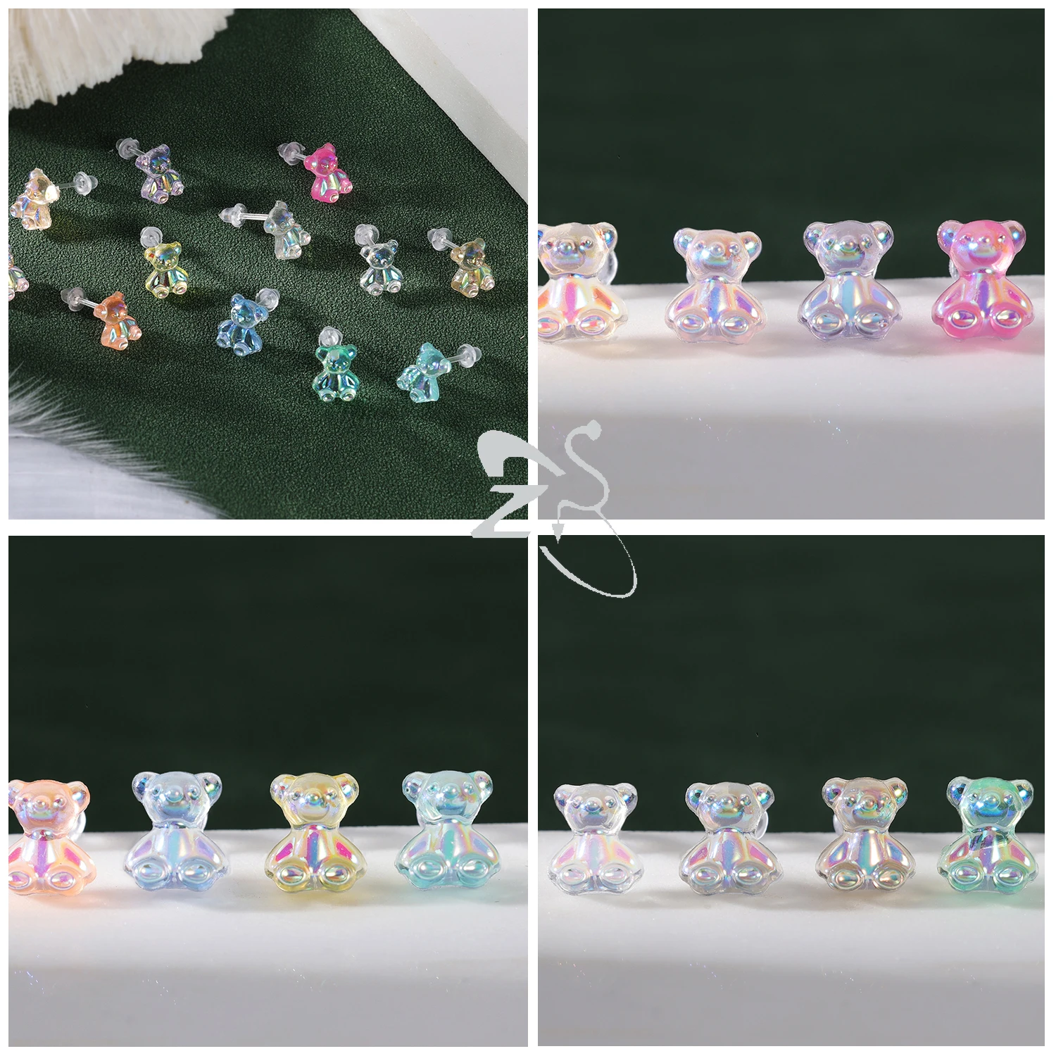 ZS 6-12pcs/lot 21G Finish Bear Stud Earrings Prevent Allergy Resin Invisible Ear Studs Grass Heart Bow Tie Cartilage Earrings