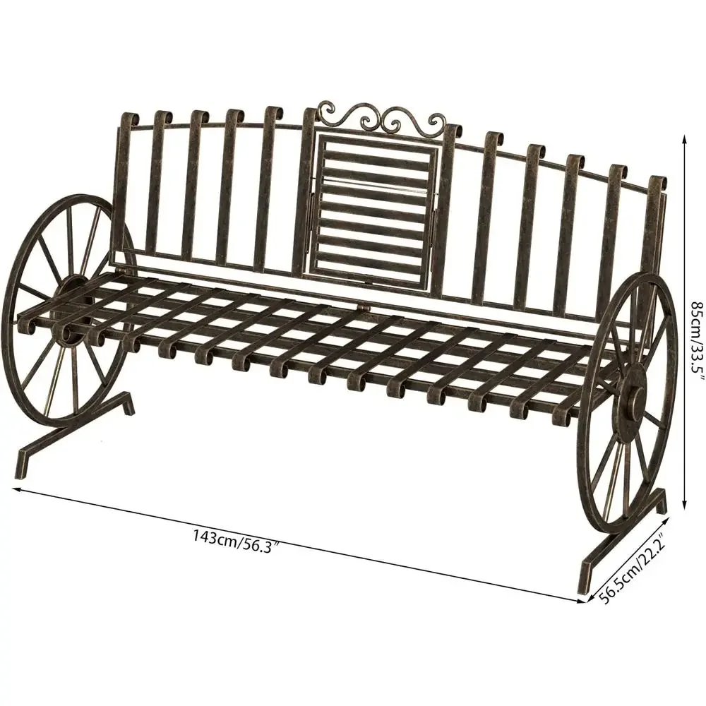 3-Person Patio Garden Bench with Wagon Wheel Arms and Built-in Table, Bronze Finish