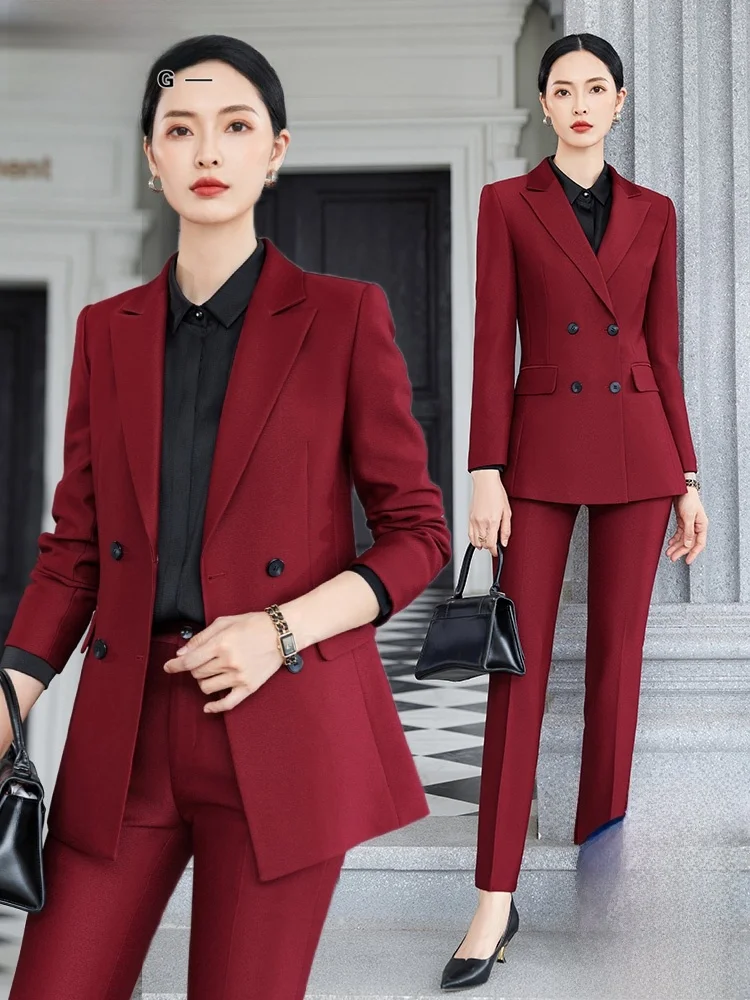 

Red Suit Jacket Women's Formal Workwear Professional Double Slit Career Set Commute Style Slim Fit Polyester Long Sleeve