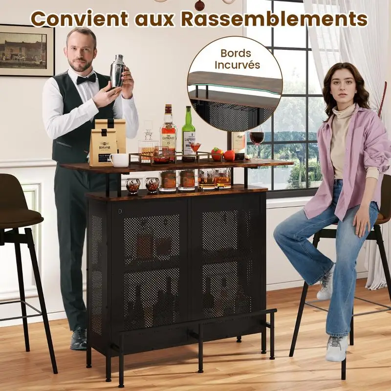 Mesa de Bar de 4 Niveles con Estructura Metálica, Mueble para Vinos con Reposapiés, Estilo Industrial, para Sala de Estar, Cocina o Pub
