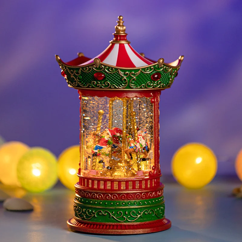 Carousel Snow Globe Music Box Rotating Merry Go Round Winter Scene Tabletop Ornament Holiday Gift Decor for Kids Bedroom Shelf