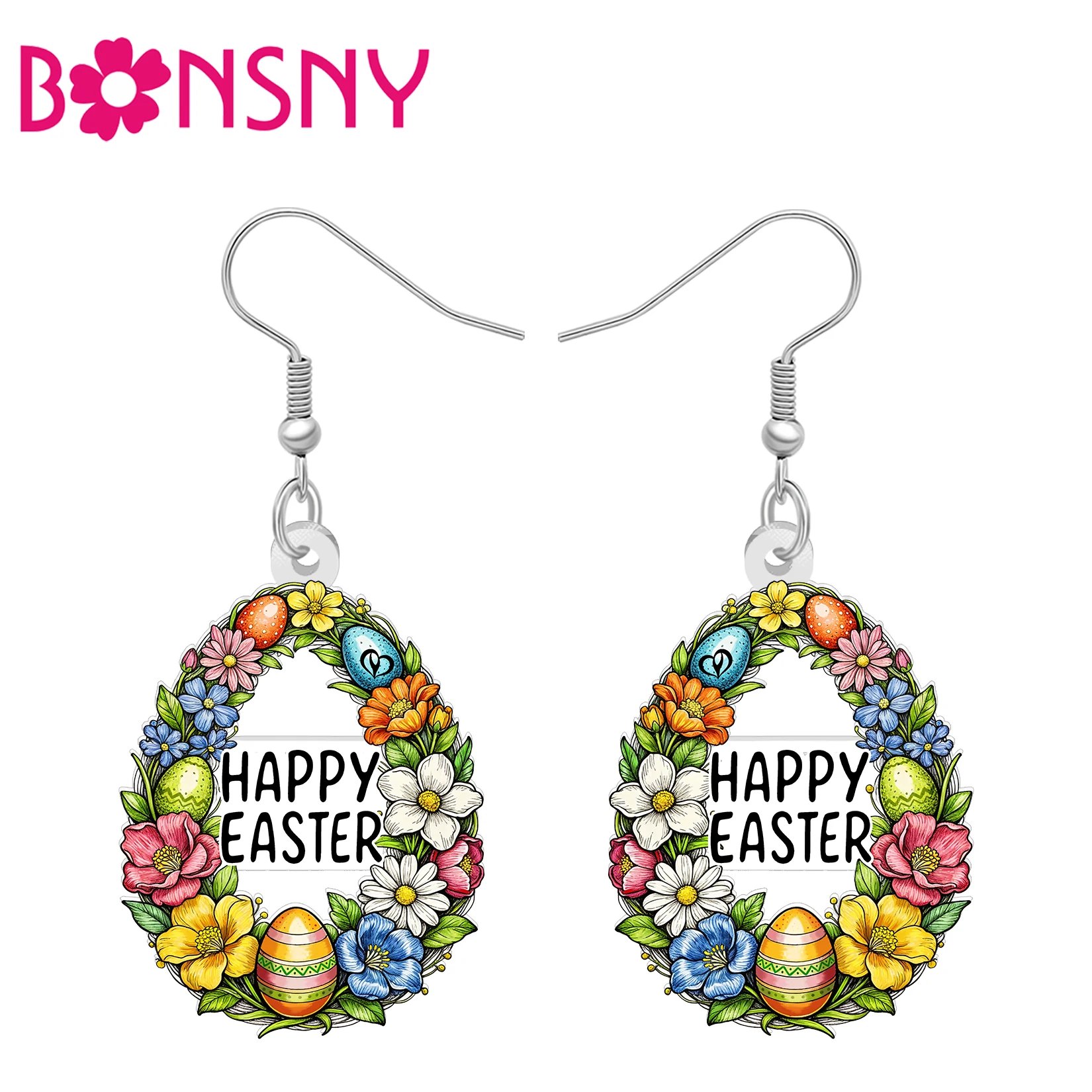BONSNY Acrylic Happy Easter Eggs Wreath Teardrop Drop Earrings Garden Floral Spring Jewelry Holiday Gifts For Women Girls Charms