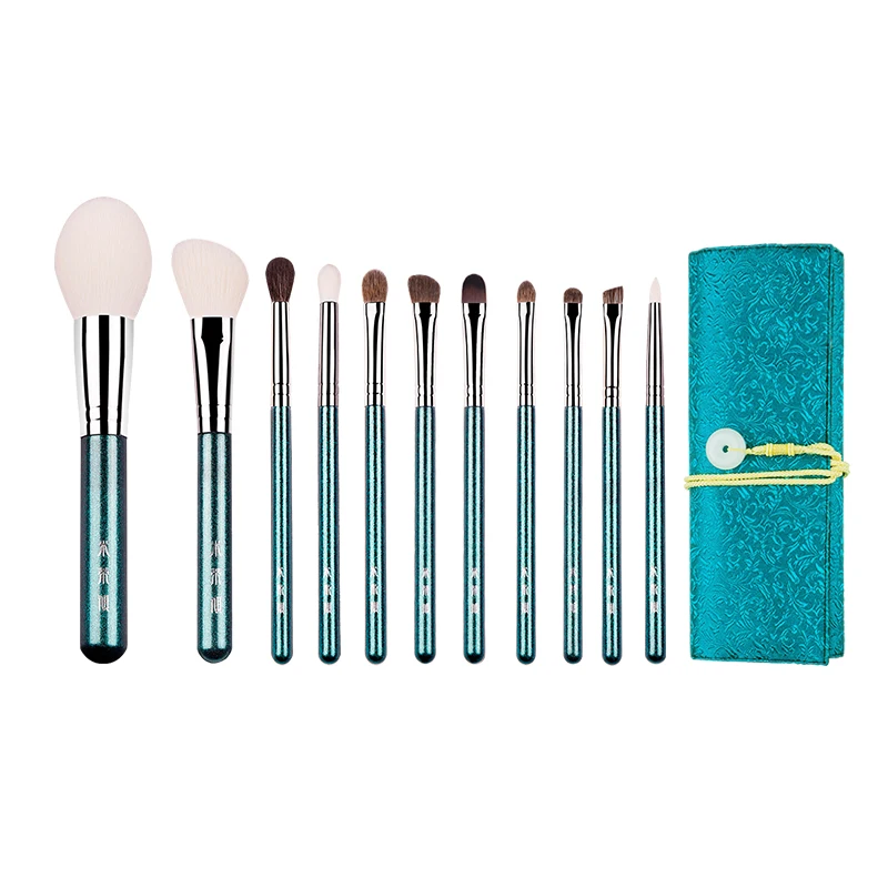 

Natural Animal Hair Aluminum Tube Wood Handle 11Pcs Pearly Green Series Makeup Brush Set Factory Wholesale Spot Sale