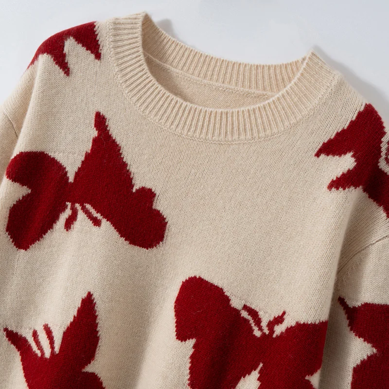 O-neck 100% Cashmere Pullover Sweater New Autumn Winter Women's Bufferfly Loose  Casual High-end Warm Knitted Long Sleeve Tops