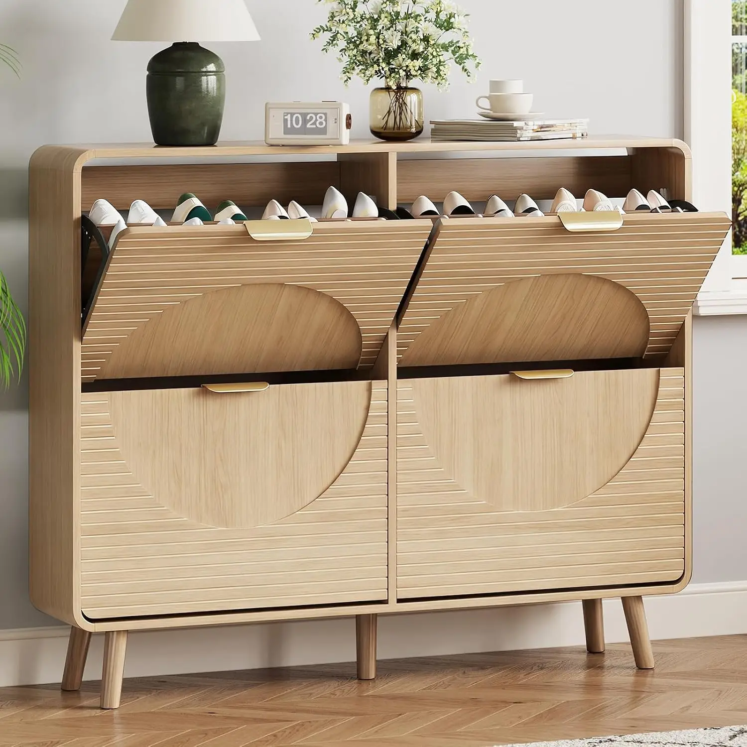 Fluted Shoe Storage Cabinet 4 Flip Drawers Narrow Wood Slim Free Standing Organizer Entryway Foyer Hallway, Customized