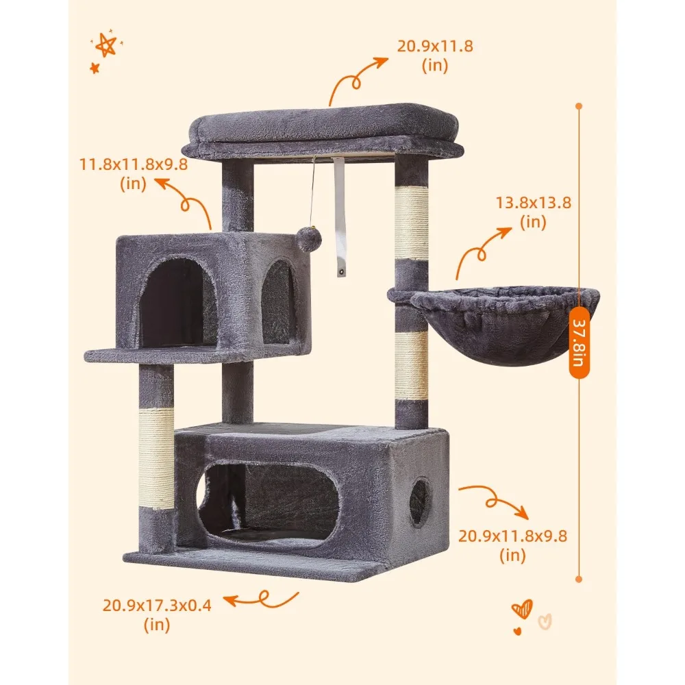 شجرة القطط، برج قطط 38.58 بوصة للقطط الداخلية، مناسب للقطط مع كوندو فاخر مع سلال قابلة للتعديل،