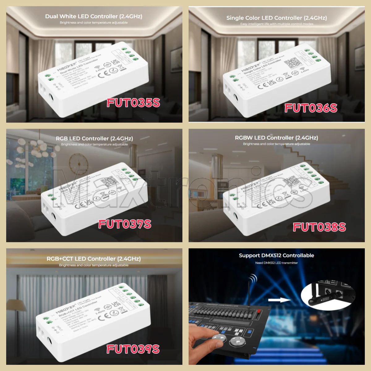 

Miboxer LED Controller FUT035S FUT036S FUT037S FUT038S FUT039S 2.4GHz Dimmer For Single/Dual color RGB RGBW RGB+CCT Strip Light