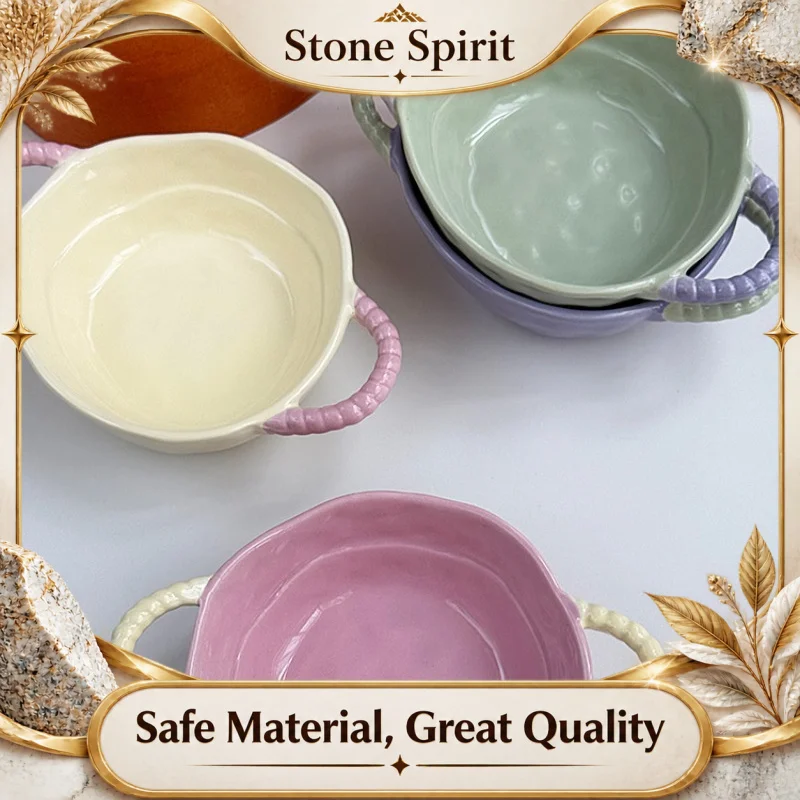 Minimalist Cream Color Ceramic Bowl Double-Handled Fruit Salad Bowl High-End Stylish Bowl for Home Kitchen Salad Pasta Snack