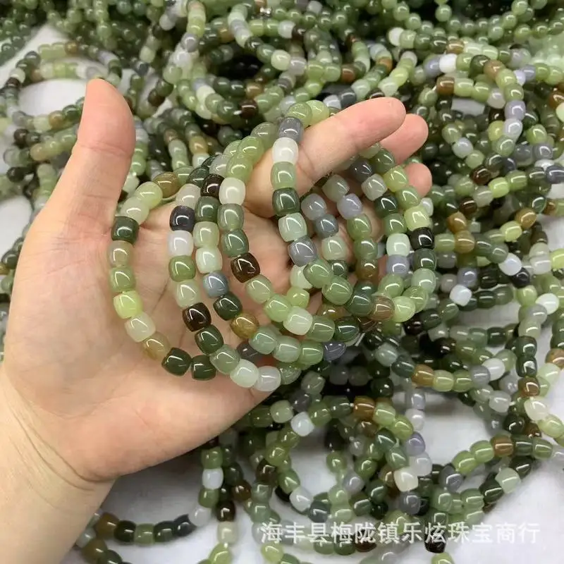 Qinghai And Hotan Jade Multi-Piece Old-Style Bead 7X8Mm Colorful Single-Loop Bracelet With Icy Translucency
