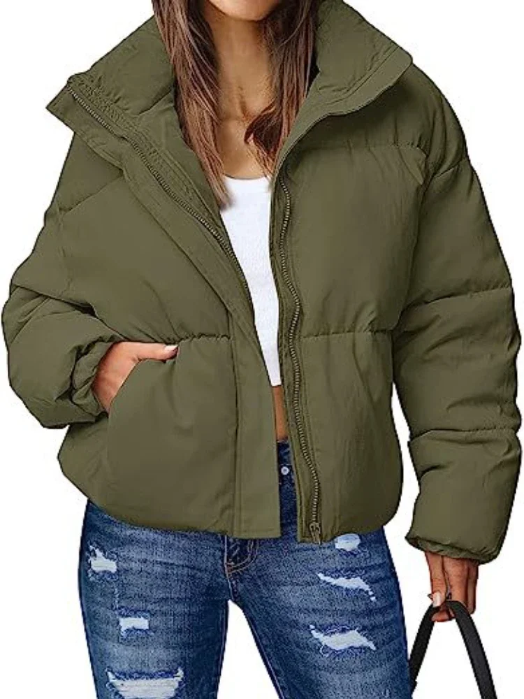 Abrigo de invierno para mujer, novedad de 2024, manga larga, cuello con cremallera, Chaqueta corta holgada informal y elegante de algodón, Parkas para mujer