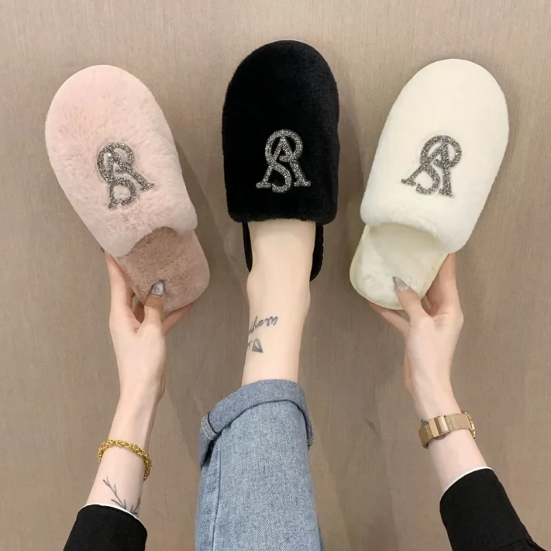 Fluffy Hairy Cotton Indoor Slippers Women's Autumn Winter Warm Footwear Home bling Diamond Slides Fashion Outer Wear Flat Shoes