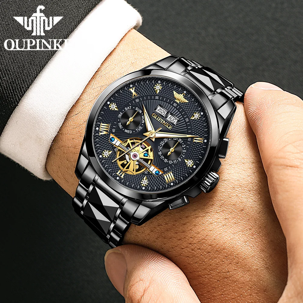 ساعات رجالية من OUPINKE من أفضل العلامات التجارية الفاخرة من الفولاذ التنغستن الأصلي ساعة ميكانيكية أوتوماتيكية للرجال حركة دولاب الموازنة مقاومة للماء #3