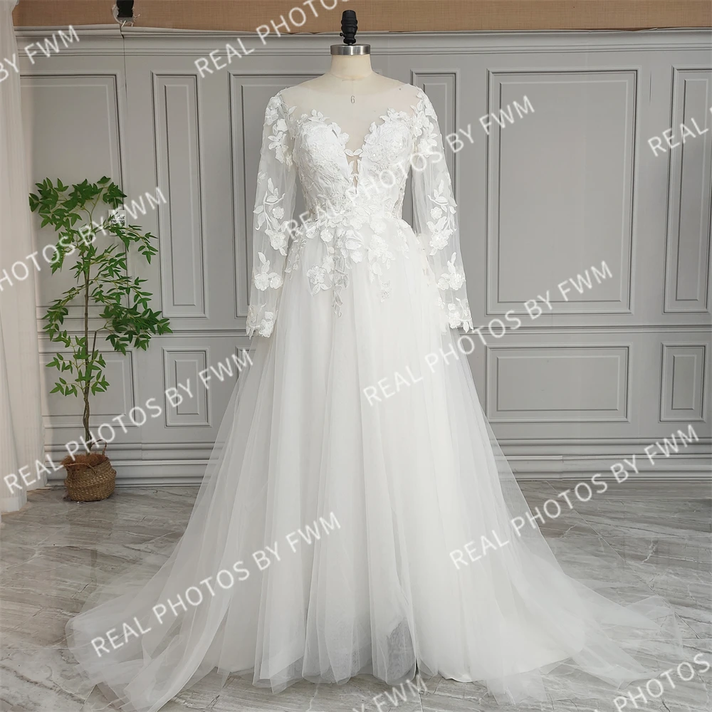 Robe de mariée en dentelle à manches longues pour mariée, robe trapèze en tulle, superbe robe de patients sur mesure, photos réelles, 20294 #, 2024