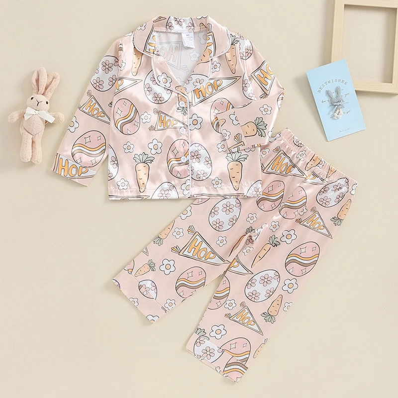 1-7Y Boy Girl Easter 2Piece Pajamas Set Bunny/Carrot Egg Pattern Long Sleeve Button Down Tops Pants Sleepwear Homewear Set