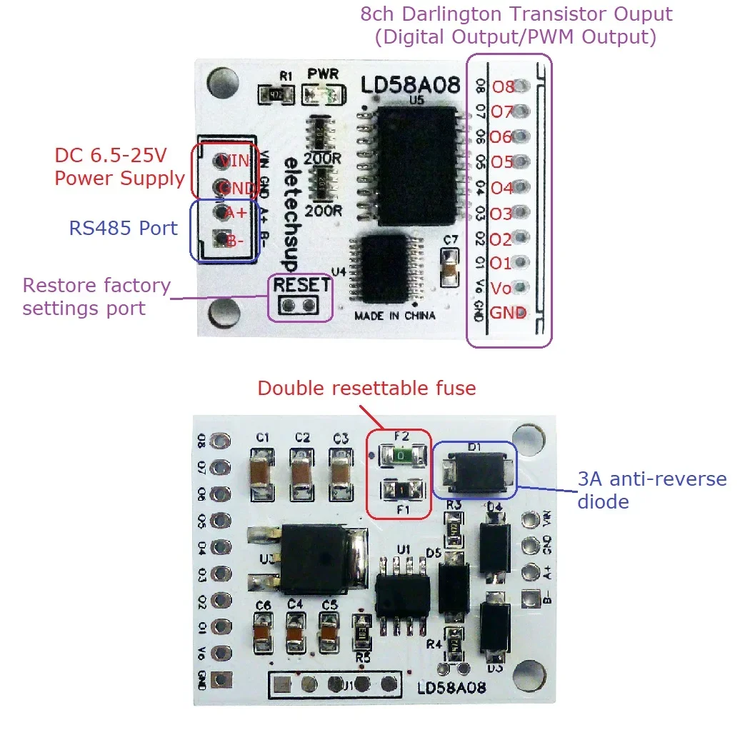 8ch RS485 Modbus RTU DO/PWM Output Multifunction MOS Driver Board for Multilayer Signal Lights LED Relay Solenoid Valves Motor