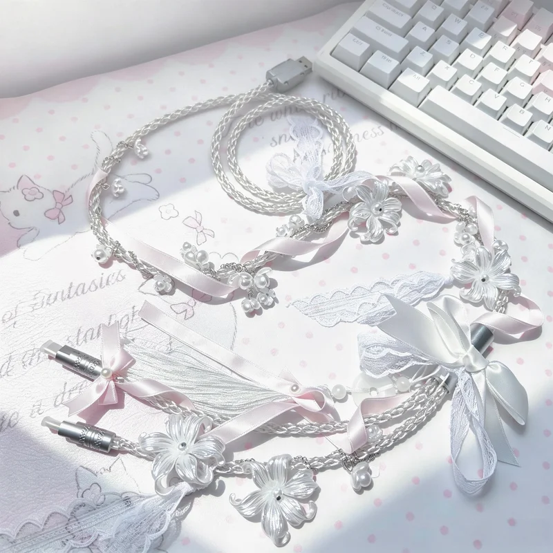 8k Aviator Luminous Aviation Plug-in Cable 1.3-meter Cute White Pink Ribbon Custom Ev63 Single Crystal Copper Aviation Plug Wire