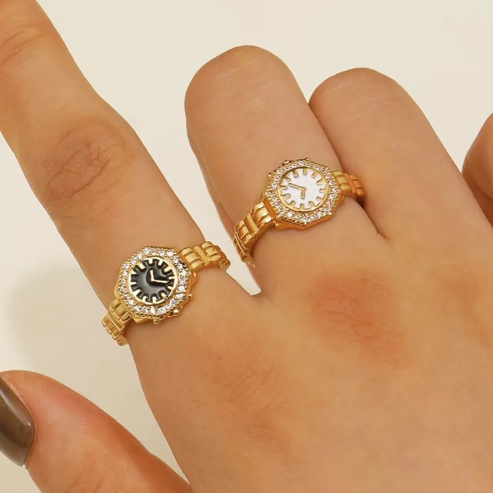 Trendy Exquisite Stainless Steel Gold Color Polygon Watch-shaped Adjustable Opening Rings for Men Women Finger Jewelry Accessory