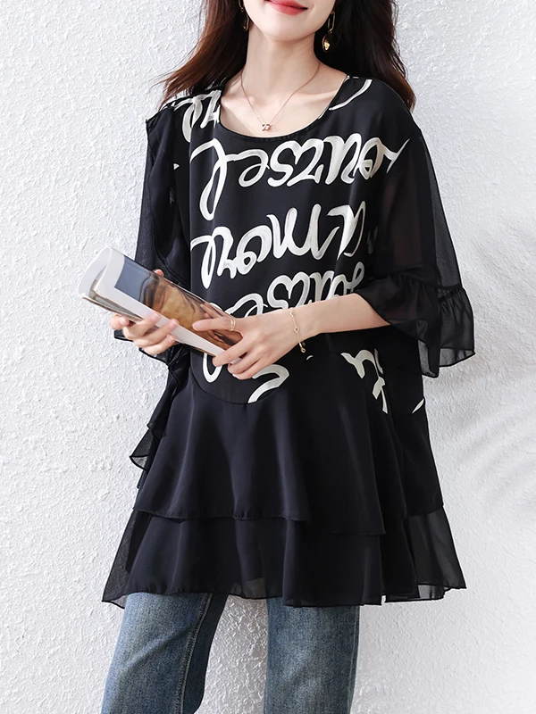 

Loose Women's Chiffon ort Sve T-irt Summer 2025 New Sle Age-Defng Ultra-Light Top Faionable Bell-Sve round Ne