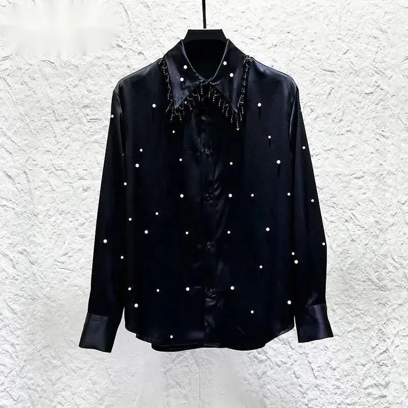 New Personalized -duty Beaded Design Long-sleeve Shirt Men Fashion French-style Turn-down Collar Male Shirts LINU9