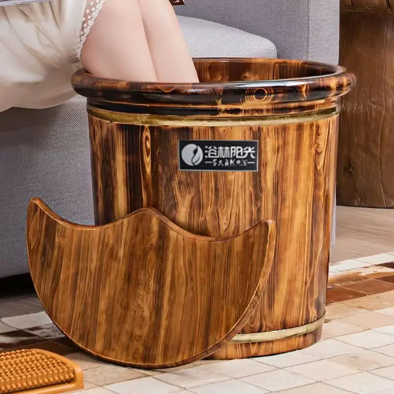Fotografia 3: Bacia de madeira HYS de cedro para massagem nos pés, banheira de madeira maciça com isolamento térmico para uso doméstico