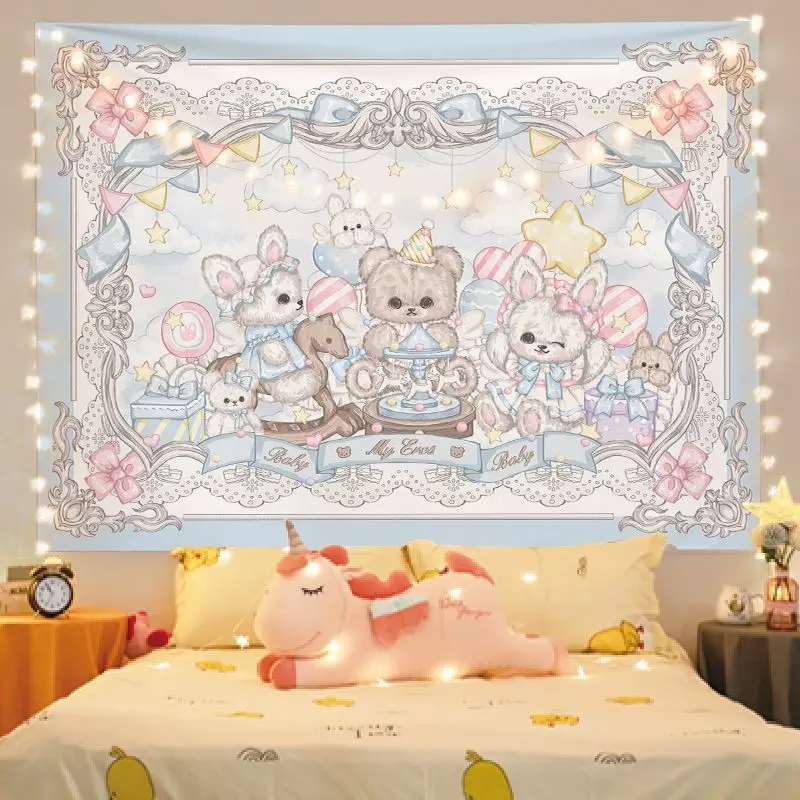 VIKAMA Lace Party Rabbit Bear Tapestry, Vintage Lace Carousel Cute Pet Cartoon Wall Hanging for Bedroom Living Room Decor