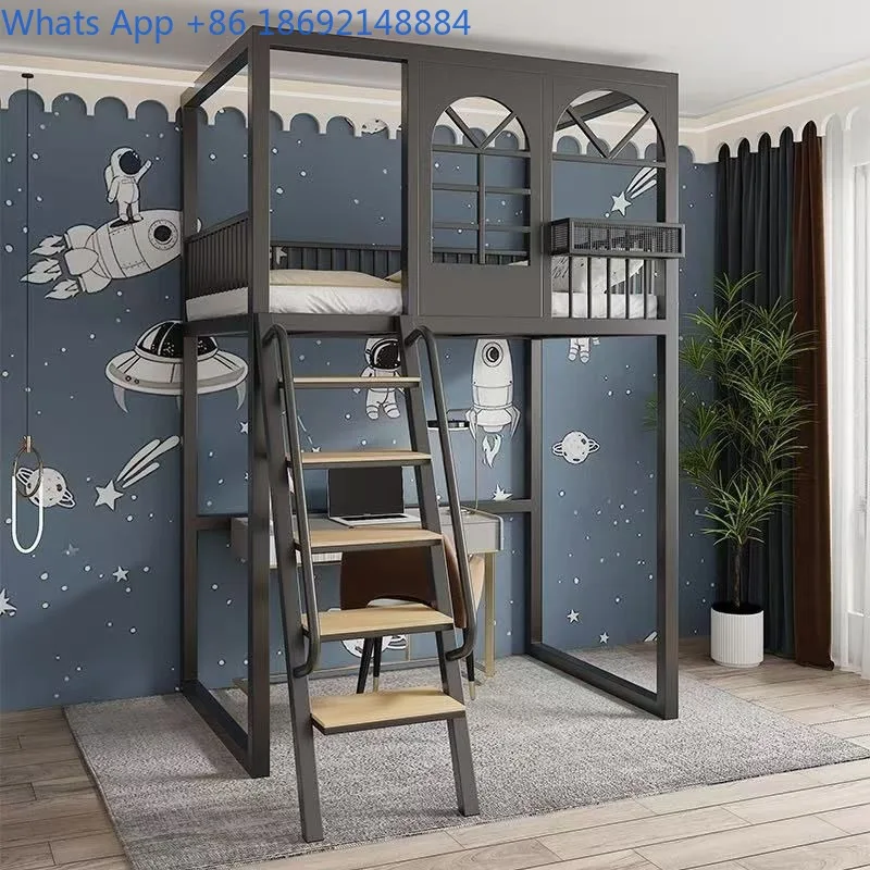 Simple Space-Saving Iron Art Bed Two-Tier Loft Bed Double Bunk  One Ladder TwoHigh-Low Bed