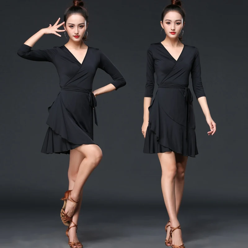 

Latin Dance Dress Women V-Neck Black Dresses Standard Modern Dancing Performance Outfit Adult Latin Training Dancewear VBH1811
