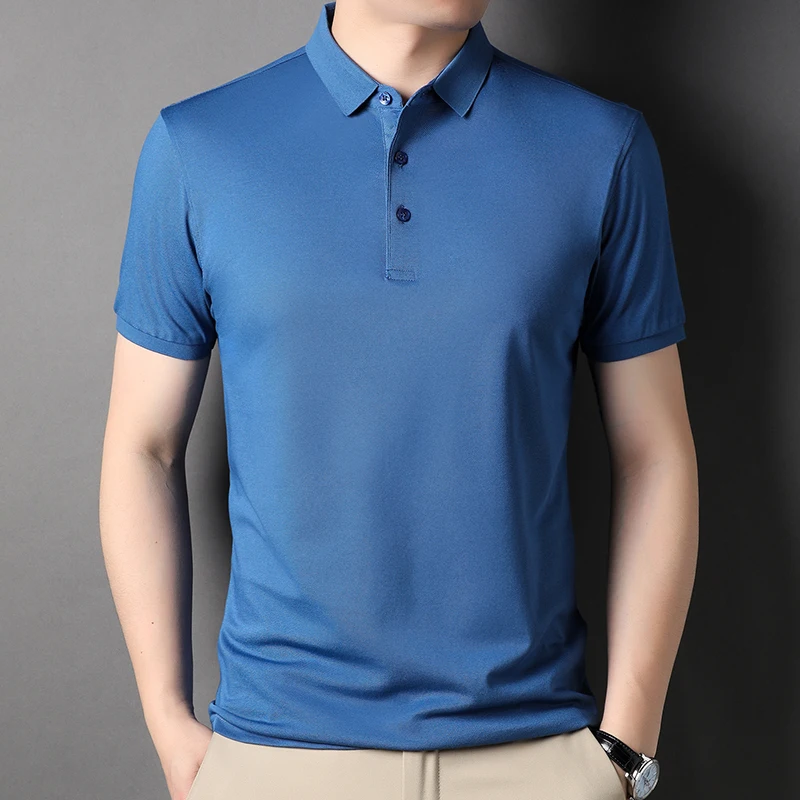 Polo de algodón 50% de gama alta para hombre, camiseta de manga corta informal, Tops de Color sólido, ropa de moda para hombre 2023