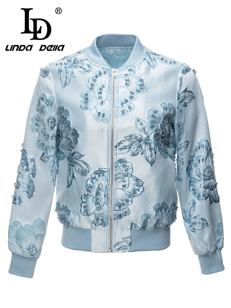 LD LINDA DELLA 2023 New Style Runway Designer Vintage Coat Women's Long Sleeve Extravagant Nail Bead Print Zipper Coat