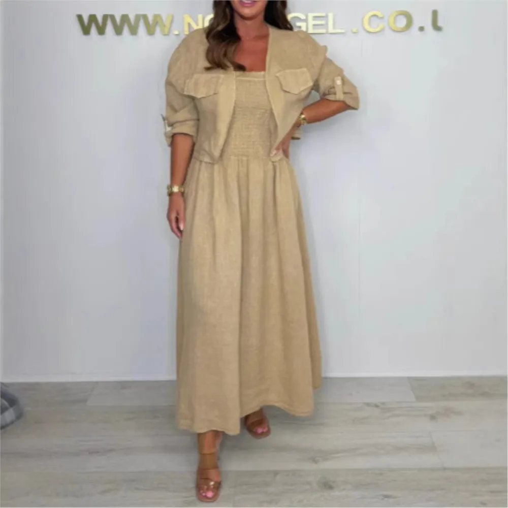 

Повседневный короткий кардиган с длинными рукавами + платья на подтяжках, комплект из 2 предметов, модный сексуальный эластичный обертывающий грудь, тонкий женский костюм, юбка