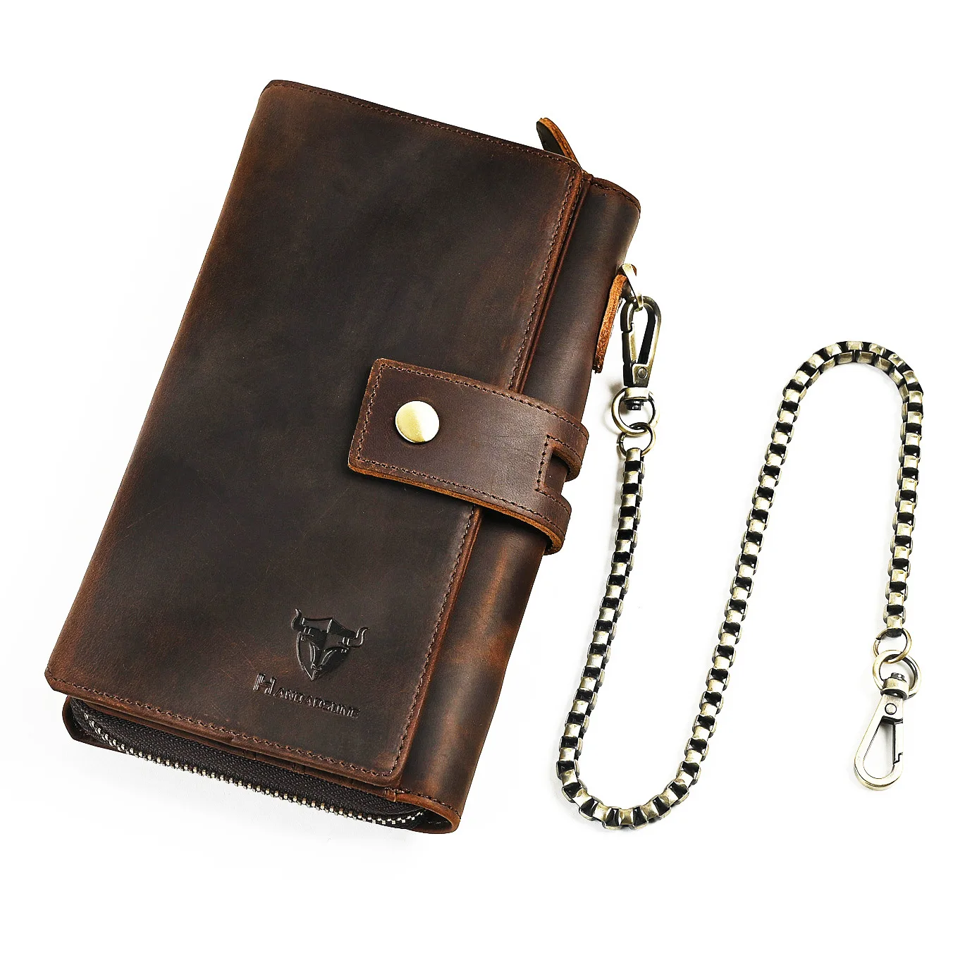 2025 New Men's Crazy Horse Leather Wallet Handmade Retro Long Wallet Multi-Card Slots Practical Casual Purse with Metal Chain