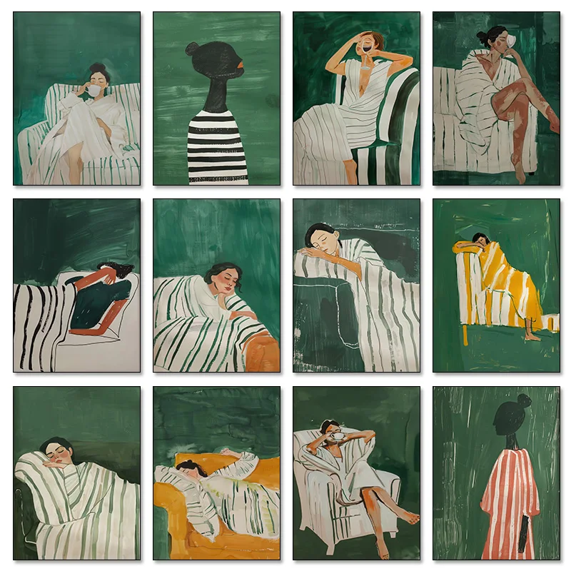 Póster de mujer a rayas abstractas de color verde esmeralda, obra de arte moderna, pintura en lienzo minimalista para mujer, arte de pared para decoración del hogar y la sala de estar