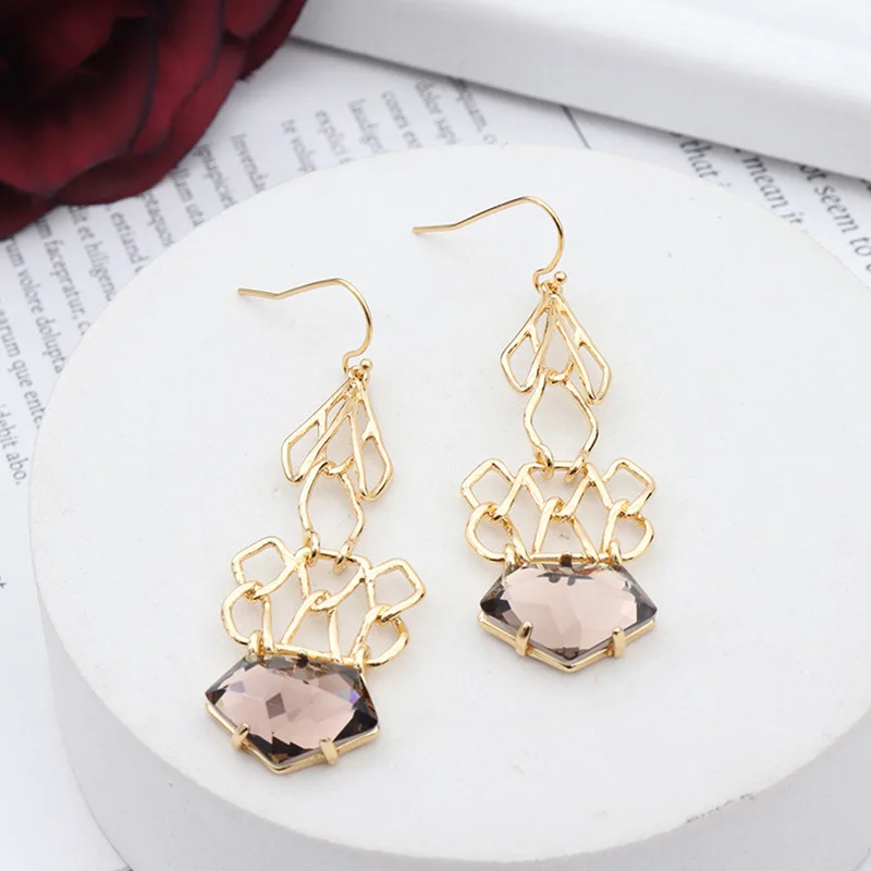 Gold Hollow European and American Genius Designer Gem Inlaid Earrings Temperament Earrings for Women