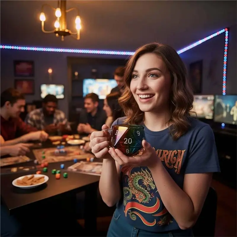 ABHU Rainbow D20 Dice Mug Coffee Cup Heat-Resistant Transparent Coffee Cup For Board Game Lovers