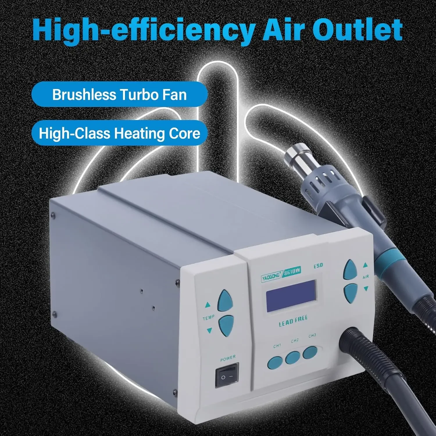 

Паяльная станция с горячим воздухом 1000 Вт, 110 В, цифровая, с ЖК-дисплеем и бесщеточным турбинным вентилятором, регулируемая температура