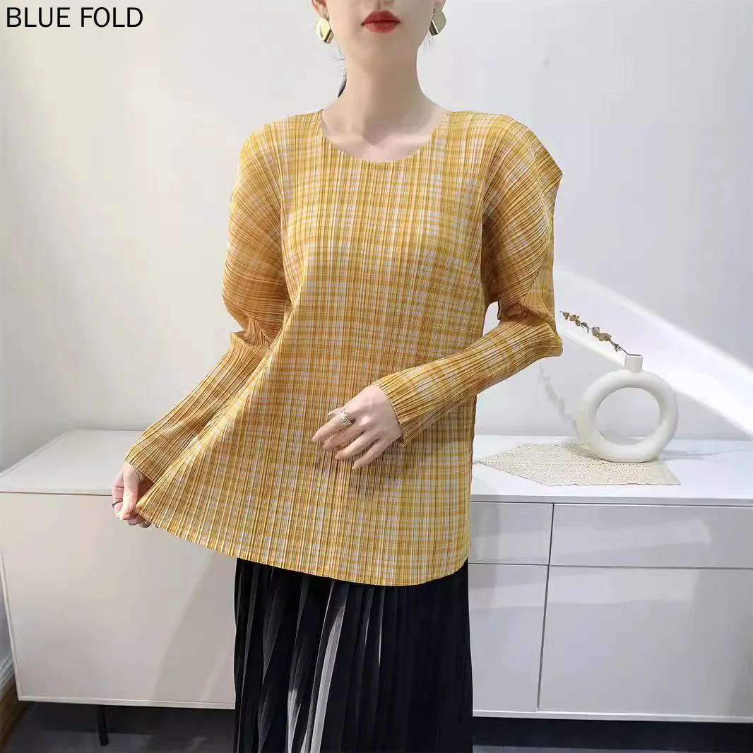 MIYAKE Printed Tops for Women Pleated T-shirts New Summer Long Sleeves Folded Sleeves Comfortable Casual and Versatile Oversize