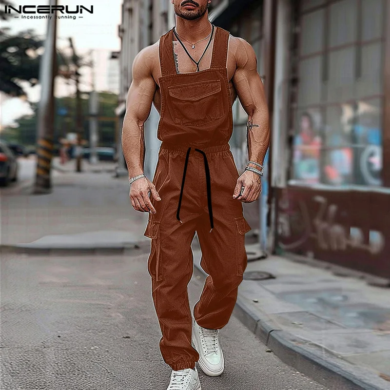 INCERUN Men Jumpsuits Solid Sleeveless Drawstring Straps Rompers Streetwear 2024 Loose Pockets Fashion Casual Cargo Overalls Men