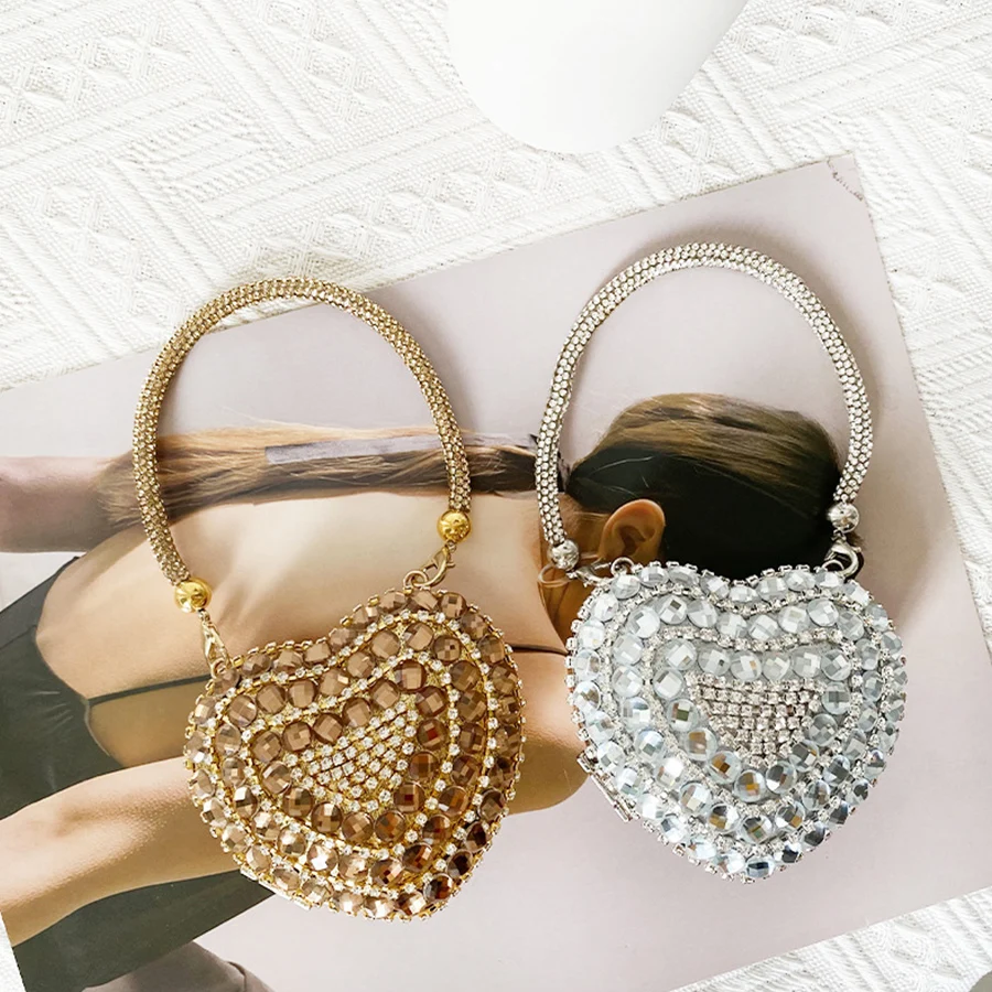 Tassel Beaded Dimond Clutch Purse Heart Shape Wedding Party Latch Purse Evening Bag Banquet Handbags Bridal Chains Crossbody Bag