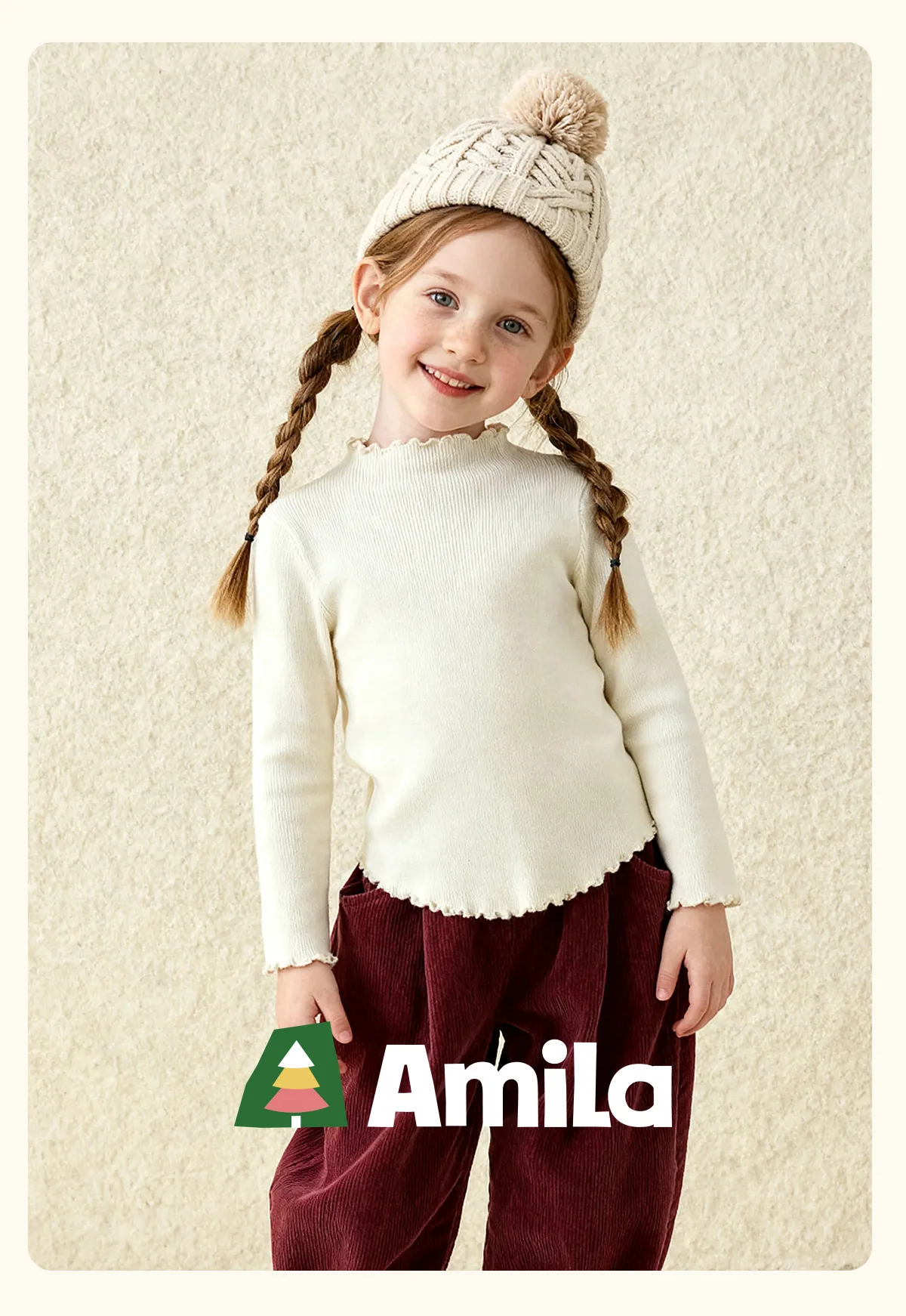 Amila Kids 2026 Winter Mädchen Strickshirt Top Grau Rosa Reisrot Schwarz Rüschen Halbhoher Kragen Weich Nicht hautverletzend – Detail 1