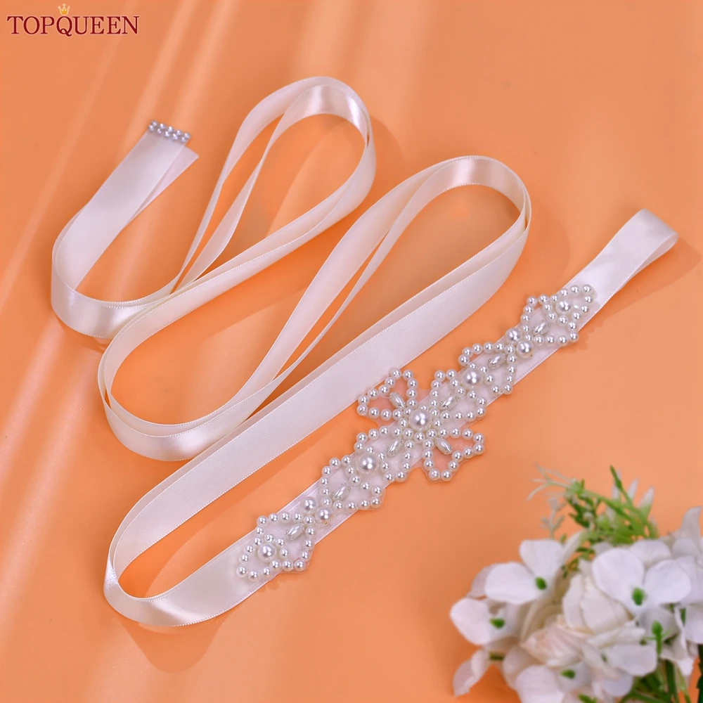 TOPQUEEN Simple Hand Sewn Beaded Wedding Belt Bridesmaid Sash Princess Evening Gown Ribbon Belt Bridal Accessories S177