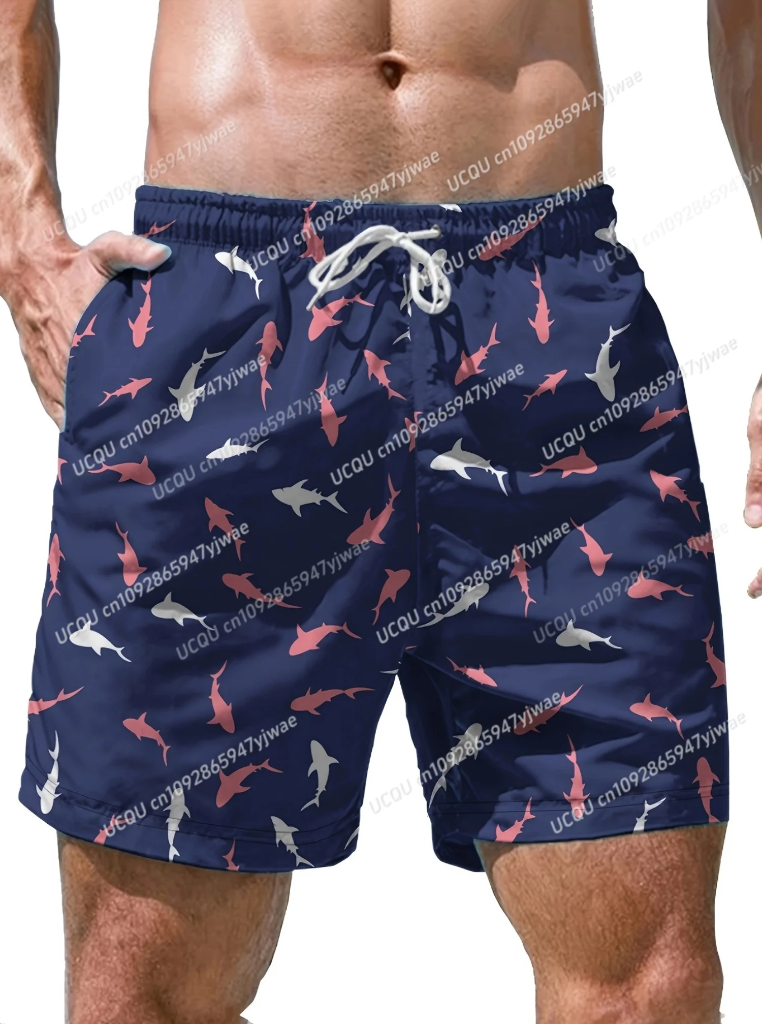 

Летние мужские шорты для отдыха с принтом акулы, плавки на шнурке, эластичные быстросохнущие гавайские пляжные шорты, мужская одежда