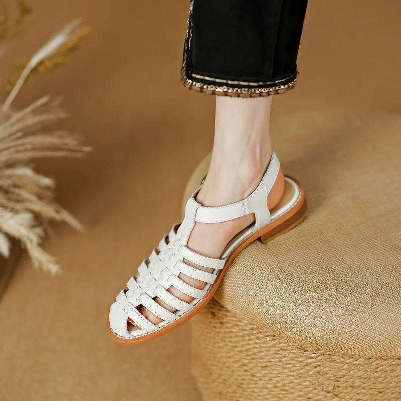 Genuine Leather Women Sandals Peep Toe Low Heel Women Shoes 2023 Summer Shoes for Women Hollow Giadiator Shoes Sandalias Mujer