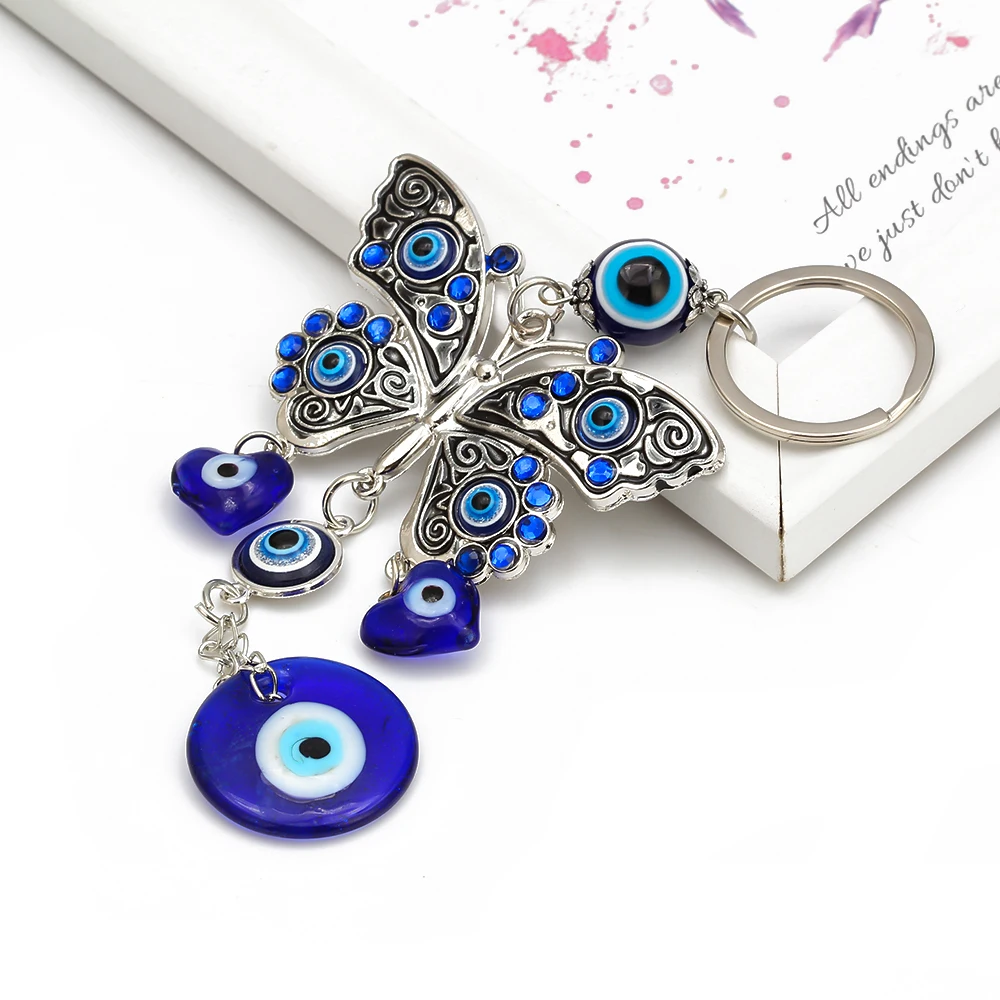 Lucky Eye Butterfly Pendant Wall Hanging Glass Heart Round Turkish Evil Eye Keychain Jewelry llavero porte clé מחזיק מפתחות