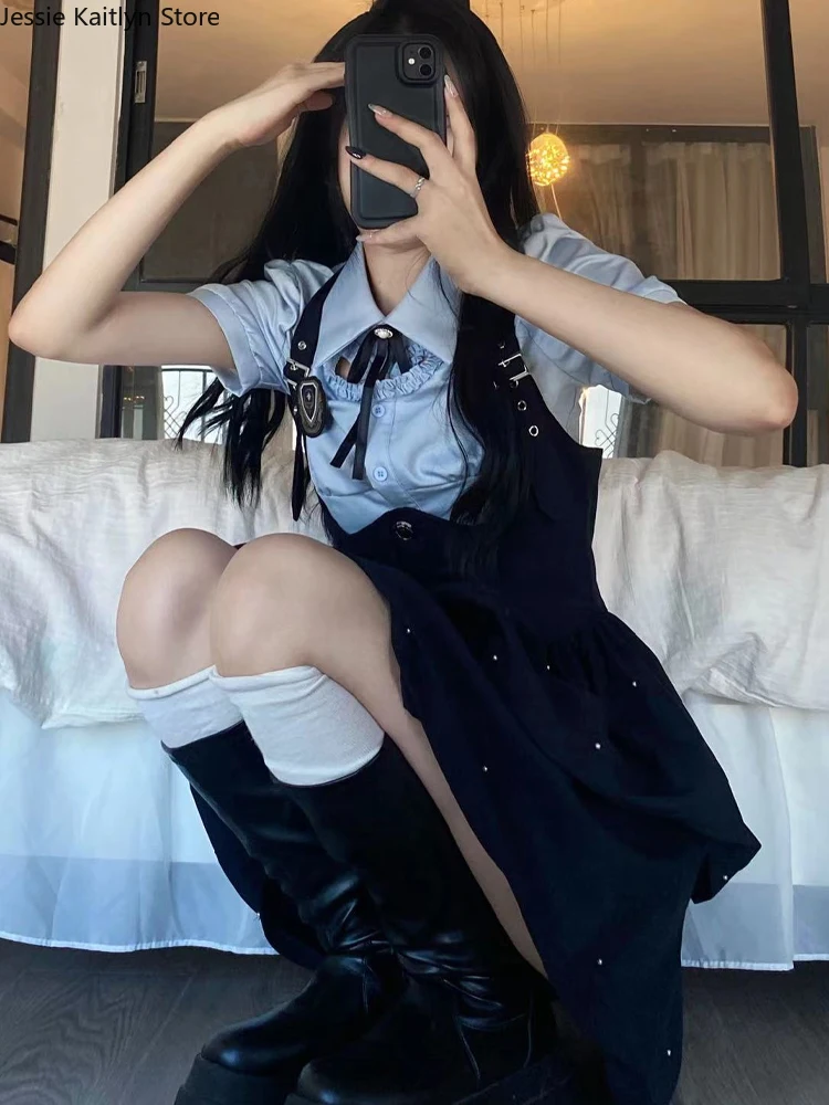 Uniforme escolar Kawaii japonés para mujer, Conjunto de camiseta y minifalda con correa, Cosplay de Anime lindo JK, coreano, dulce y elegante