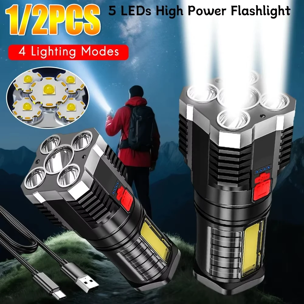 5LED High Power Led Flashlights Rechargeable Camping Spotlight with Side Light 3 Lighting Modes for Camping Adventure Outdoor